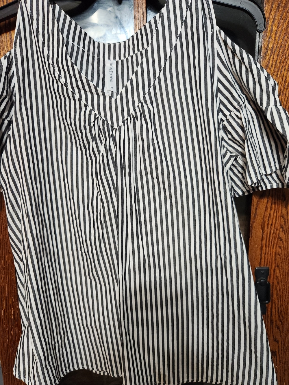Tickled Teal Black and White Striped V-Neck Blouse